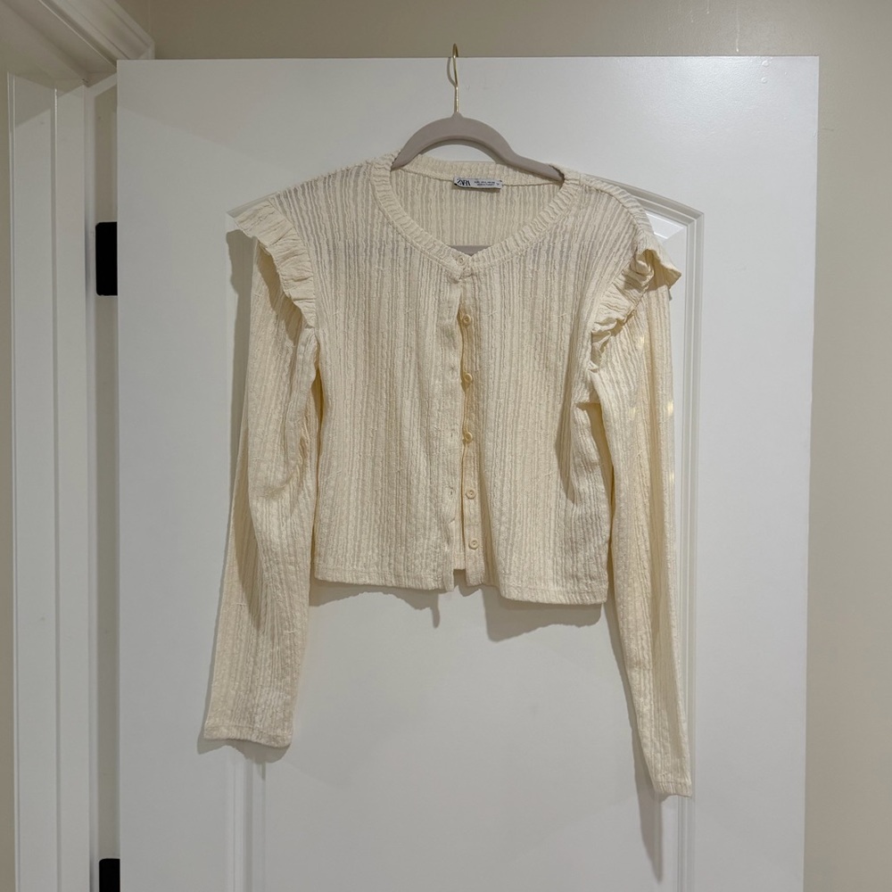 Zara Cream Ruffled Long Sleeve Cardigan
